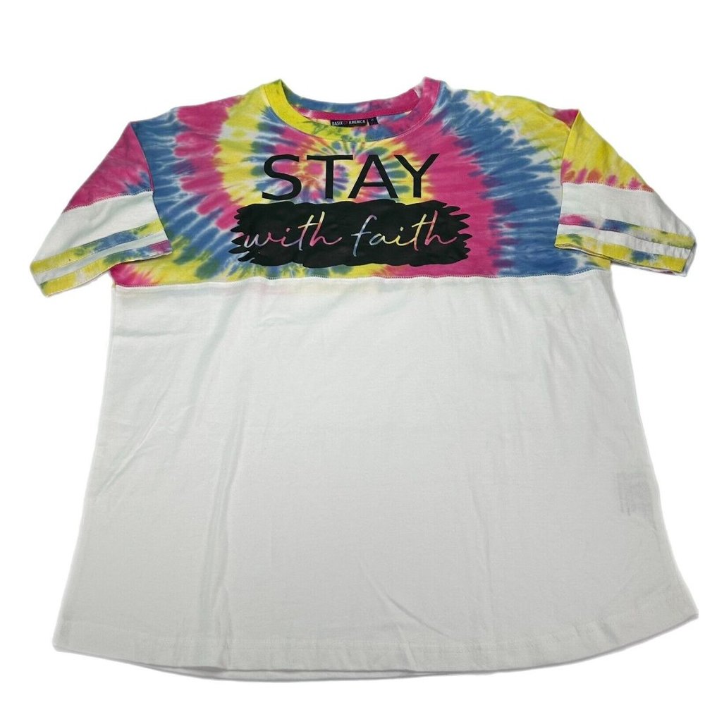 2/$30 Womens T-shirt XL Tie Dye White Short Sleeve Faith Pink Yellow 100% Cotton